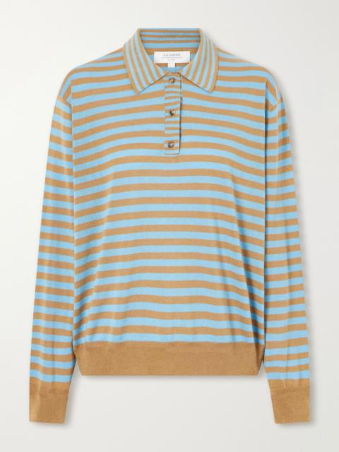 LA LIGNE Ben striped silk, wool and cashmere-blend polo sweater Blue