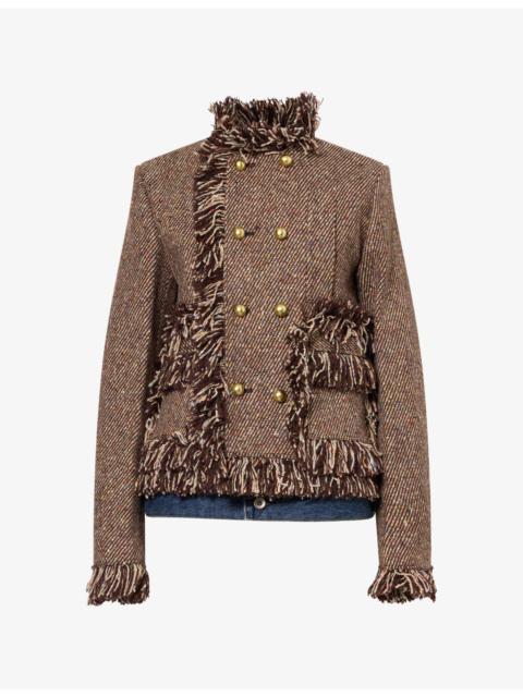 sacai Fringed Wool-Blend Tweed Denim Jacket