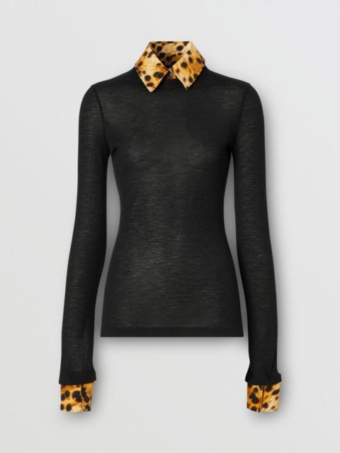 Long-sleeve Spotted Monkey Print Trim Cashmere Top