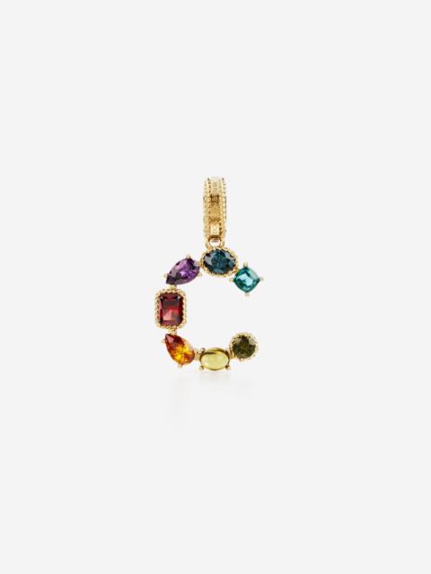 Rainbow alphabet C 18 kt yellow gold charm with multicolor fine gems