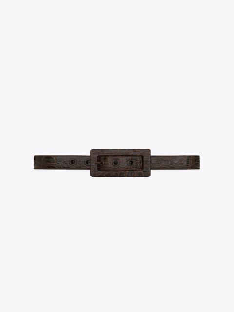SAINT LAURENT rectangular buckle belt in crocodile-embossed leather