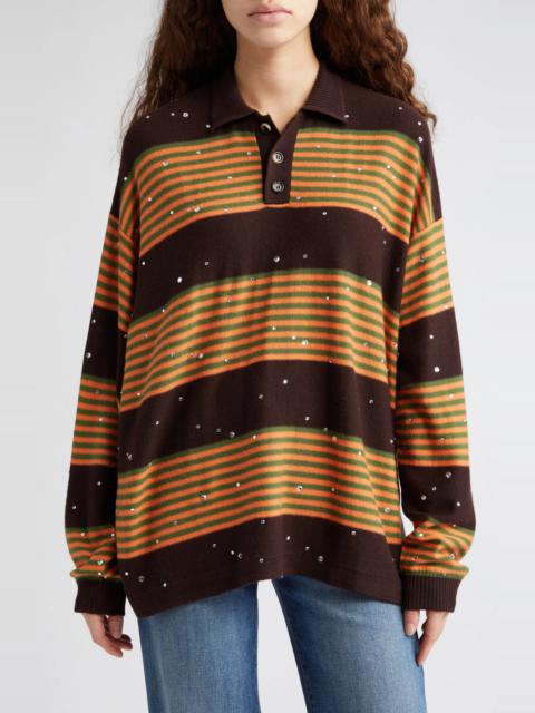 BODE Crystal Embellished Stripe Merino Wool Polo Sweater