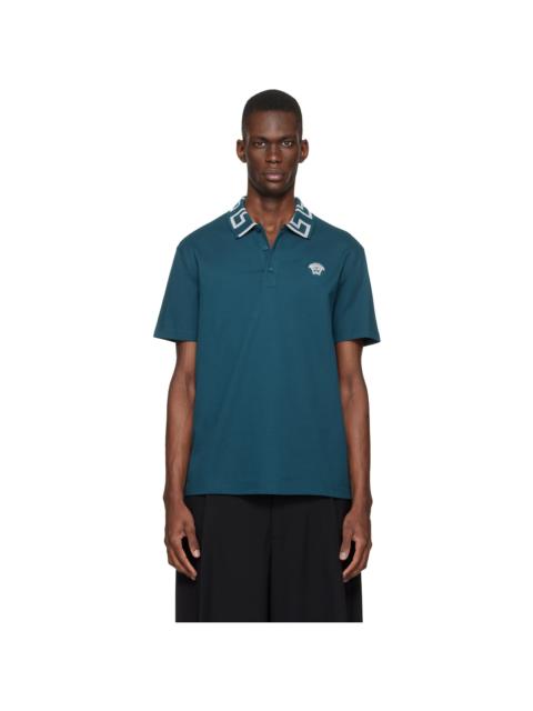 VERSACE Blue Embroidered Cotton Piqué Polo