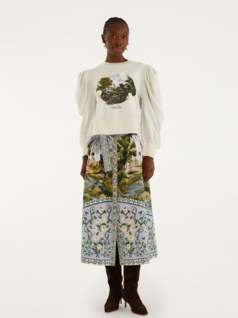 FARM RIO Multicolor Countryside Landscape Belted Midi Skirt