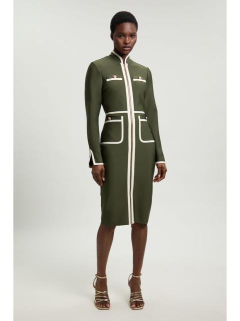 KAREN MILLEN Figure Form Bandage Knit Piping Detail Military Midi Dress