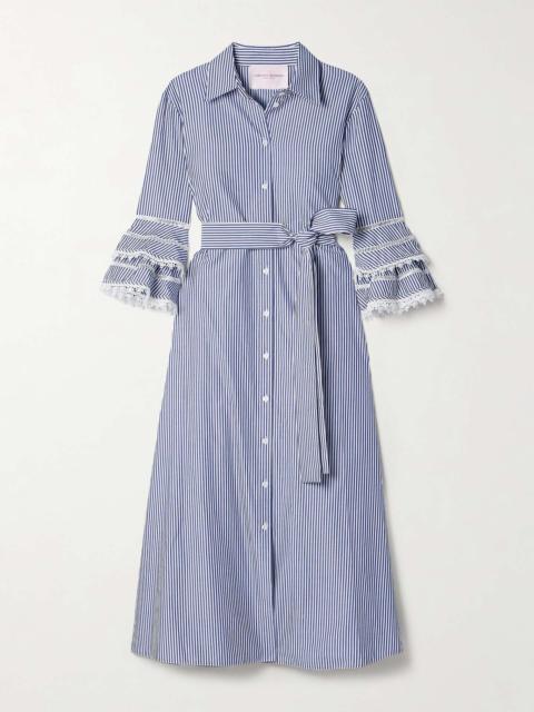 CAROLINA HERRERA Belted guipure lace-trimmed striped cotton-poplin midi shirt dress Blue
