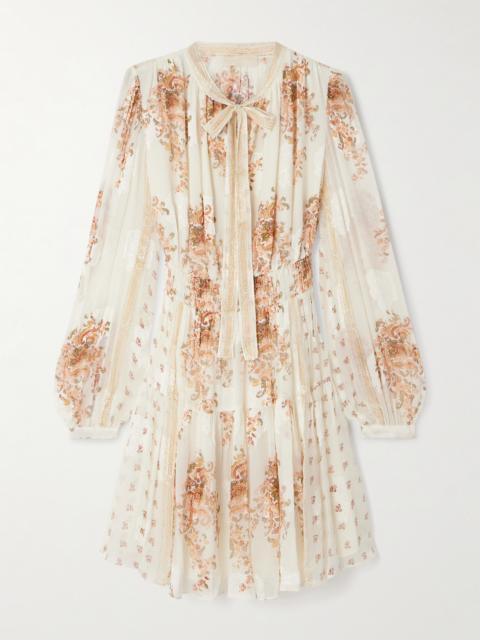 ULLA JOHNSON Maris Tie-neck Shirred Gathered Printed Silk-blend Crepon Mini Dress