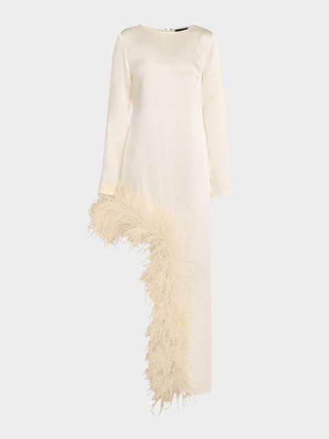 LAPOINTE Feather-Trim Asymmetric Long-Sleeve Satin Dress