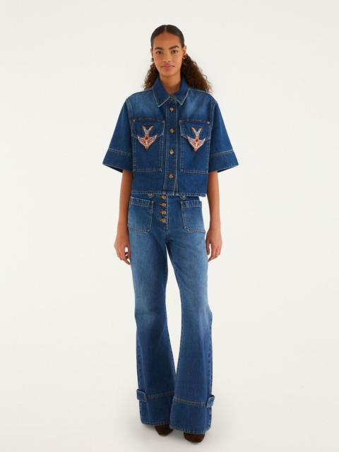 FARM RIO Denim Porcelain Birds Pockets Flare Pants