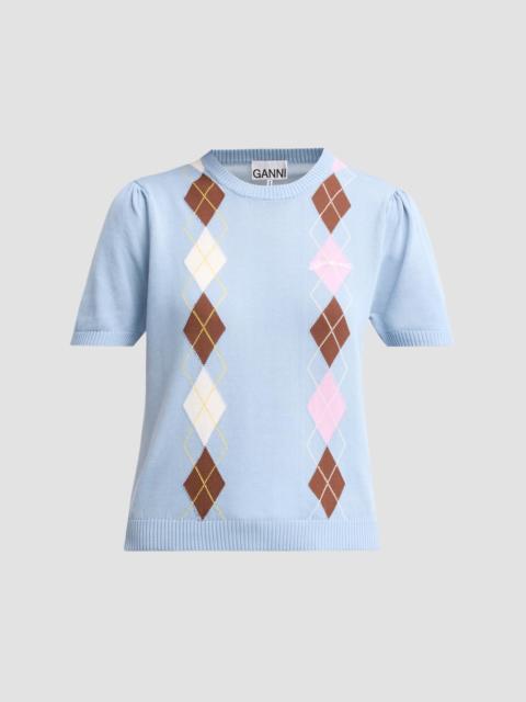 GANNI Women's Argyle Cotton Knit Crewneck T-Shirt - Soft Chambray