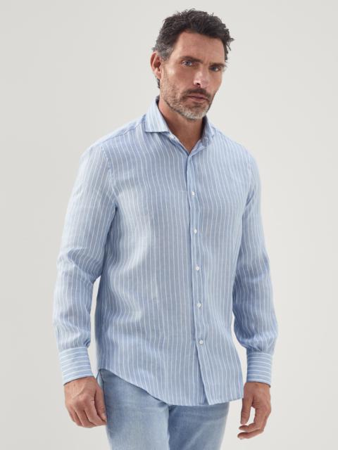 Smooth linen and lyocell striped twill basic fit shirt with spread collar