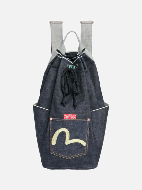 EVISU SEAGULL EMBROIDERED POCKET DRAWSTRING DENIM BACKPACK