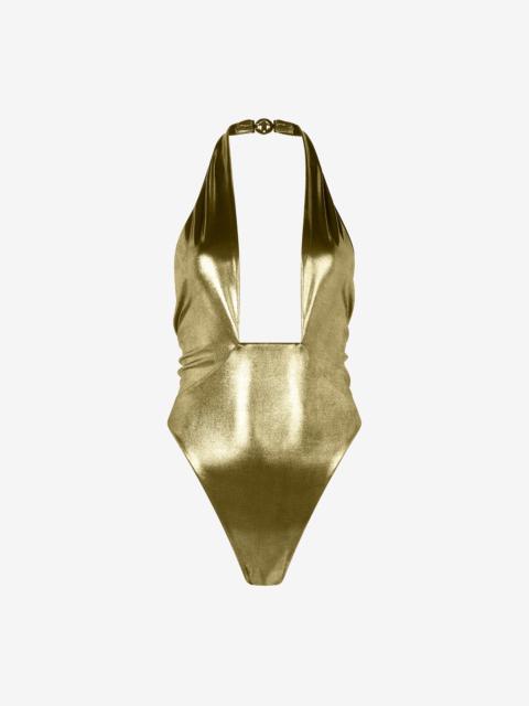 Roberto Cavalli Gold One-Piece Swimsuit with Geometric Neckline