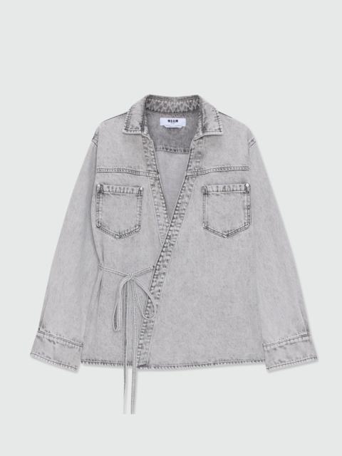 MSGM Grey stone-washed denim shirt with wrap closure and denim ties