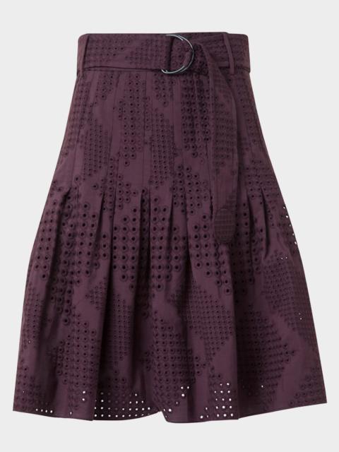 AKRIS Diamond Eyelet Cotton Poplin Belted Flare Skirt
