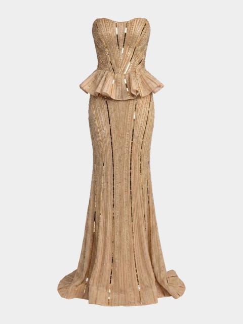MAC DUGGAL Beaded Strapless Peplum Gown