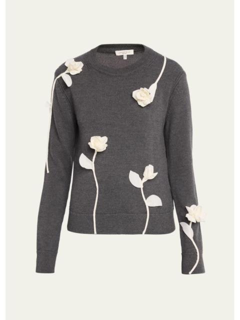 Lafayette 148 New York Floral Applique Crewneck Wool Sweater
