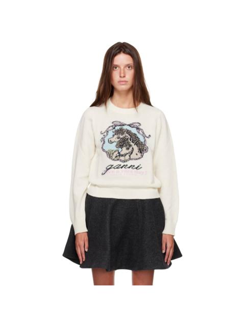 GANNI Off-White Graphic Wool Horse Sweater