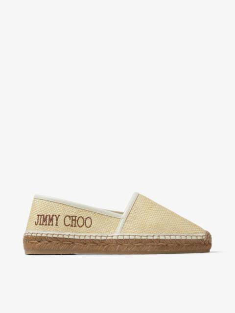 JIMMY CHOO Dru Flat
Natural Raffia and Dark Tan Leather Espadrilles with Dark Tan Jimmy Choo Lettering