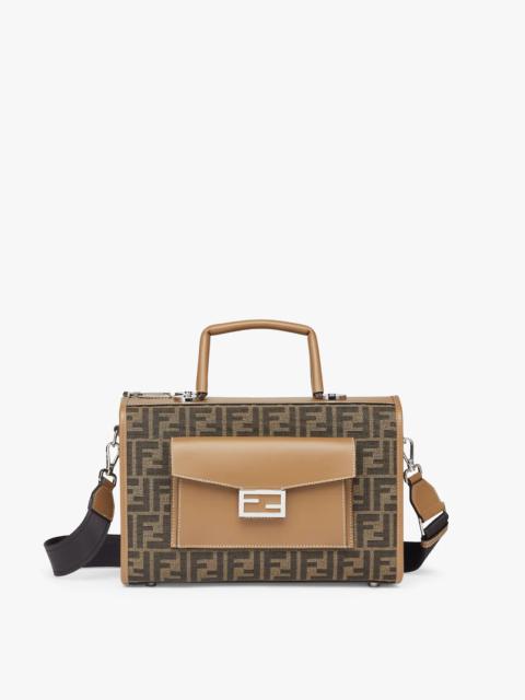 FENDI Structured-design Boston bag with zip fastening, made from fabric with FF jacquard motif. Beige leat