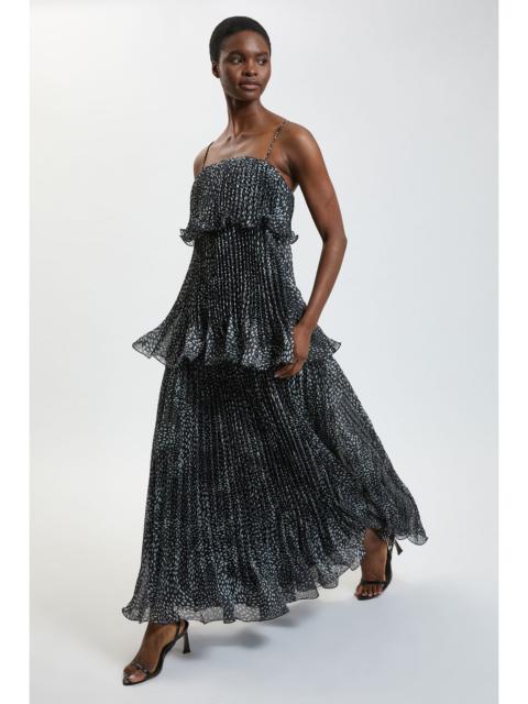 KAREN MILLEN Spot Print Pleated Slub Organdie Peplum Woven Maxi Dress