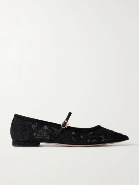 Suede-trimmed lace Mary Jane flats Black
