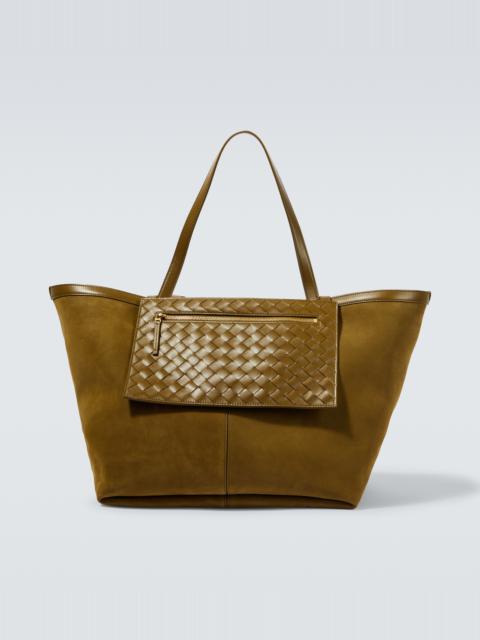 Beige Flip Flap Intrecciato-leather and canvas tote bag