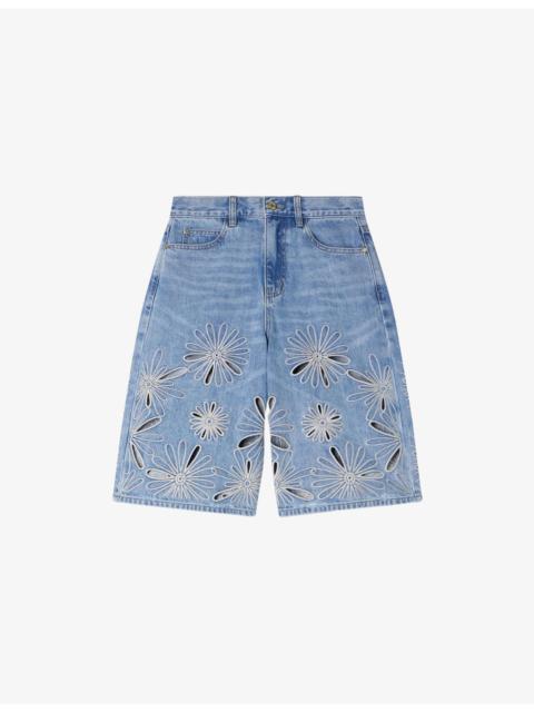 Sandro Floral-Embroidered Denim Bermuda Shorts