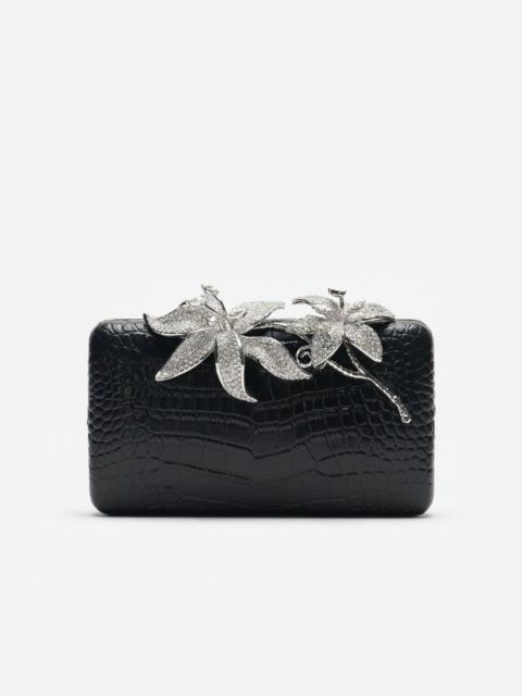 self-portrait Black Croc Leather Crystal Flower Clutch Bag