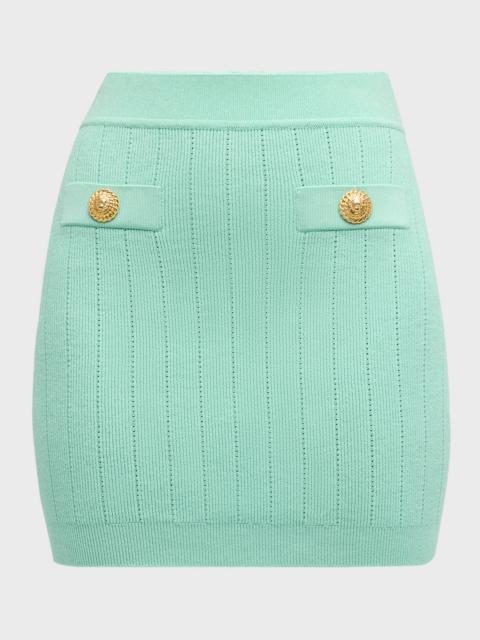 2-Button Pocket Pointelle Rib Knit Mini Skirt