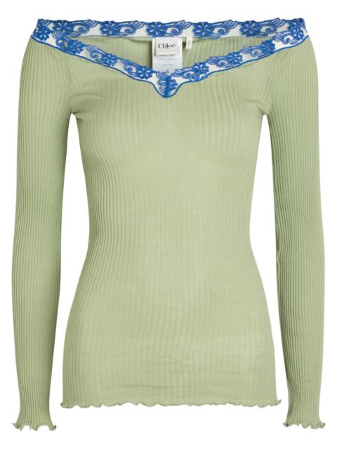 Chloé Chloe Lace Trims Ribbed-knit Cotton and Silk-blend top