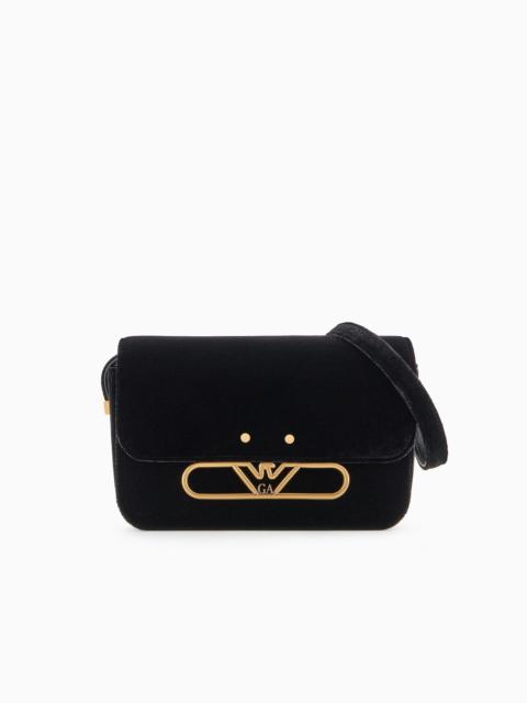 Velvet shoulder bag with metal eagle logo