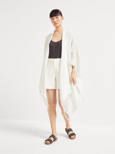 Brunello Cucinelli Striped linen poncho with fringe