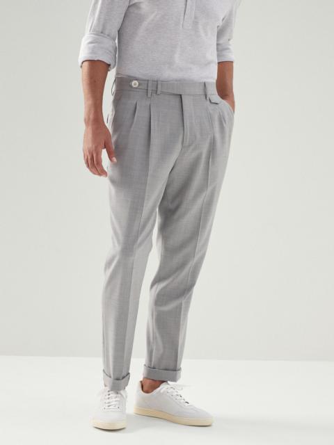 Virgin wool dynamic fresco leisure fit trousers with double pleats and tabbed waistband