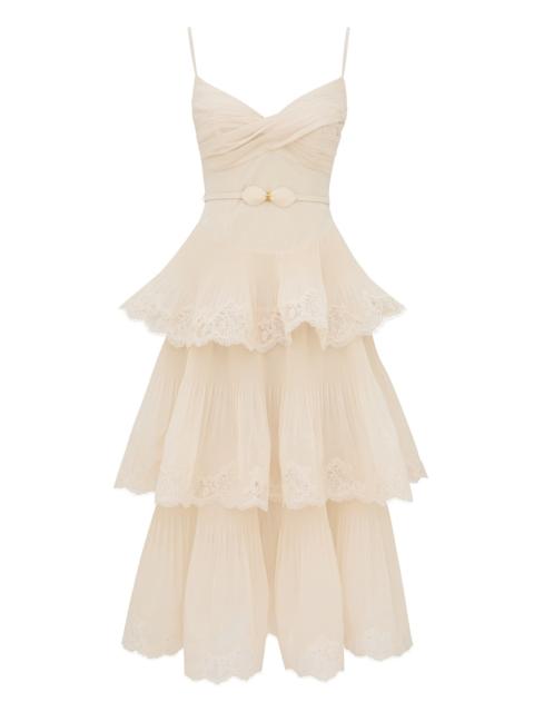 Zimmermann LACE PLEATED TIERED MIDI DRESS