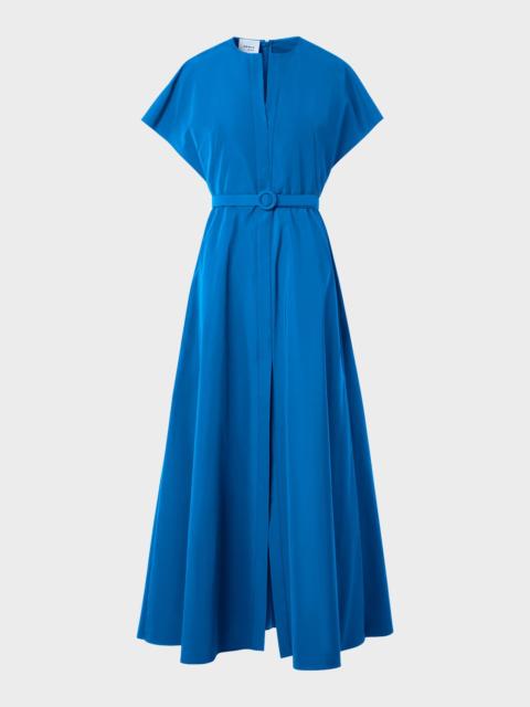AKRIS Short-Sleeve Belted Techno Midi Dress