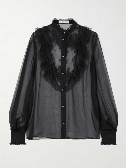 Valentino Ruffled lace-trimmed silk-chiffon blouse Black