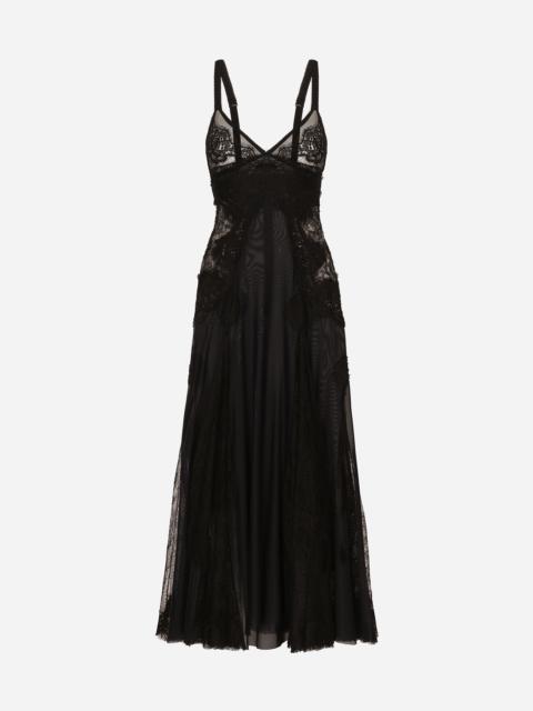 Tulle midi slip dress with lace inserts