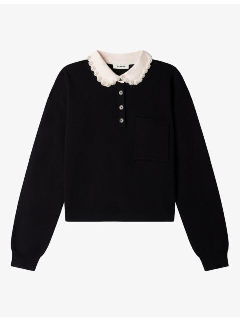 Sandro Beaded Polo-Collar Wool-Blend Jumper