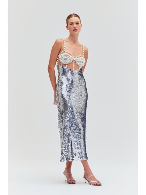 PatBO SILVER SEQUIN BEADED MIDI DRESS