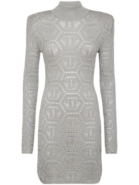 PHILIPP PLEIN monogram-pattern crochet-knit minidress