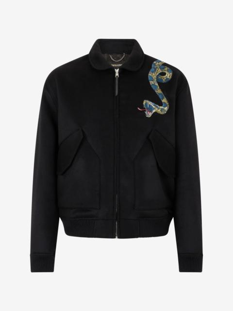 Roberto Cavalli Black Bomber Jacket With Snake Embroidery