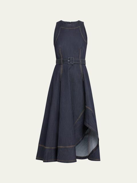 Cinq à Sept Zelda Belted Asymmetric Sleeveless Denim Midi Dress