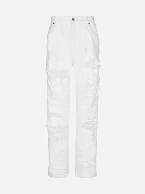 Dolce & Gabbana White denim straight-leg jeans with rips