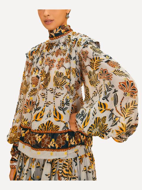 FARM RIO Silver Floral Tapestry Long Sleeve Blouse
