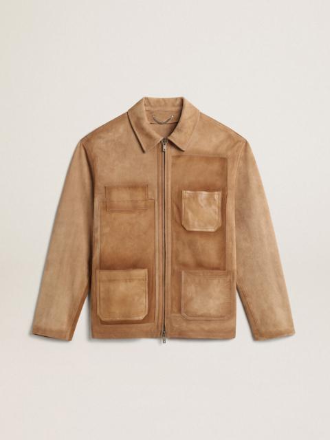 Golden Goose Sand-colored leather jacket with patches and zip fastening