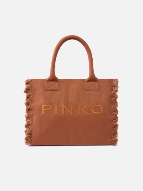 PINKO MEDIUM BEACH SHOPPING TOTE IN CANVAS WITH LOGO AND FRAYING