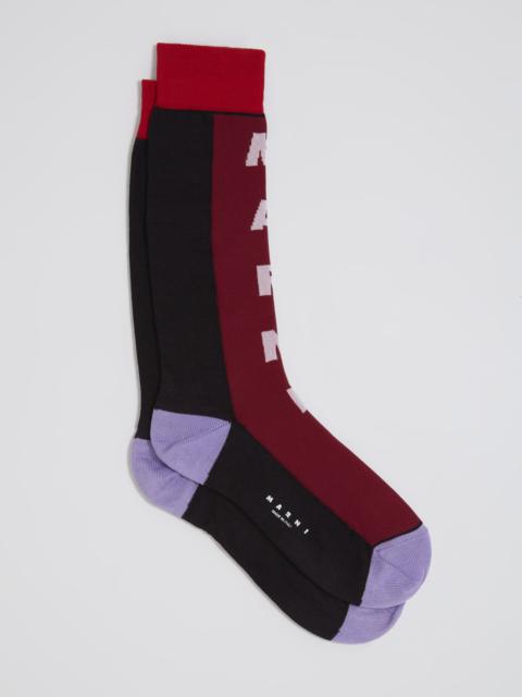 Marni BURGUNDY COTTON AND NYLON LOGO INTARSIA SOCK