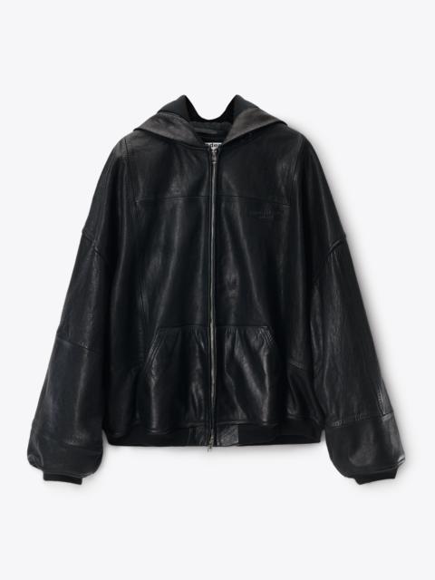 Alexander Wang Black Worn Moto Leather Hoodie Jacket
