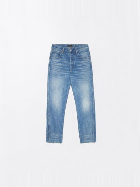 TOM FORD STONEWASHED DENIM MELANIE STRAIGHT PANTS WITH T-TRIM AND FRAYED HEM